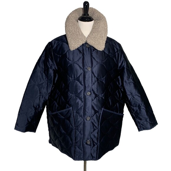 J. Crew Jackets & Blazers - J Crew Collection Quilted Cocoon Coat XXL Navy Sherpa Collar Primaloft NWT